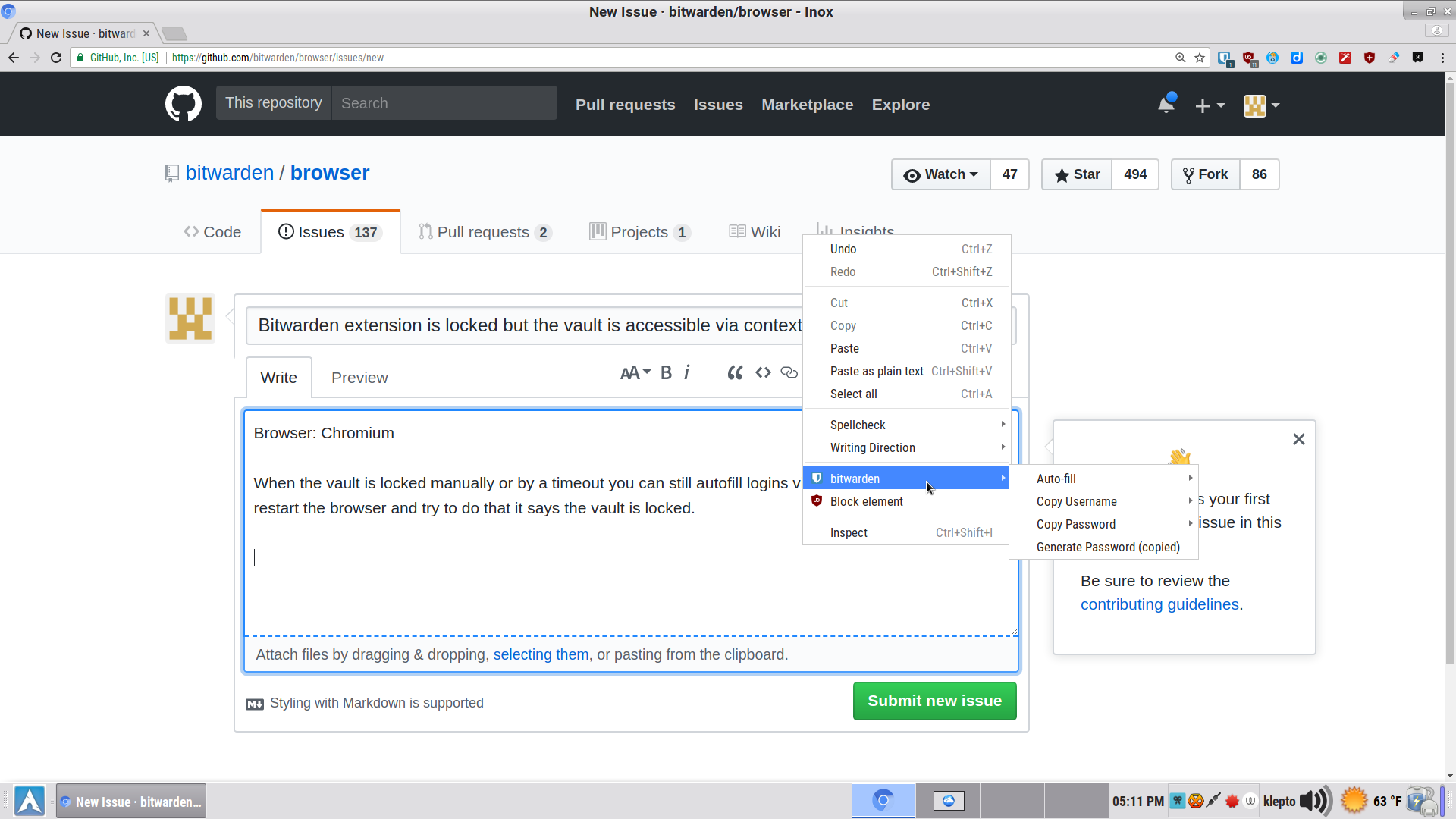 Bitwarden extension is locked but the vault is accessible via context