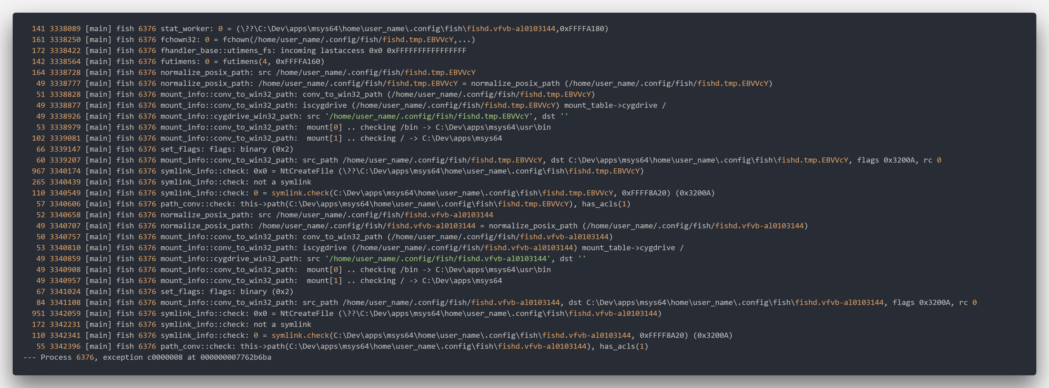 Cygwin Unable to rename file from '/.config/fish/fishd.tmp.7ZwM5R' to