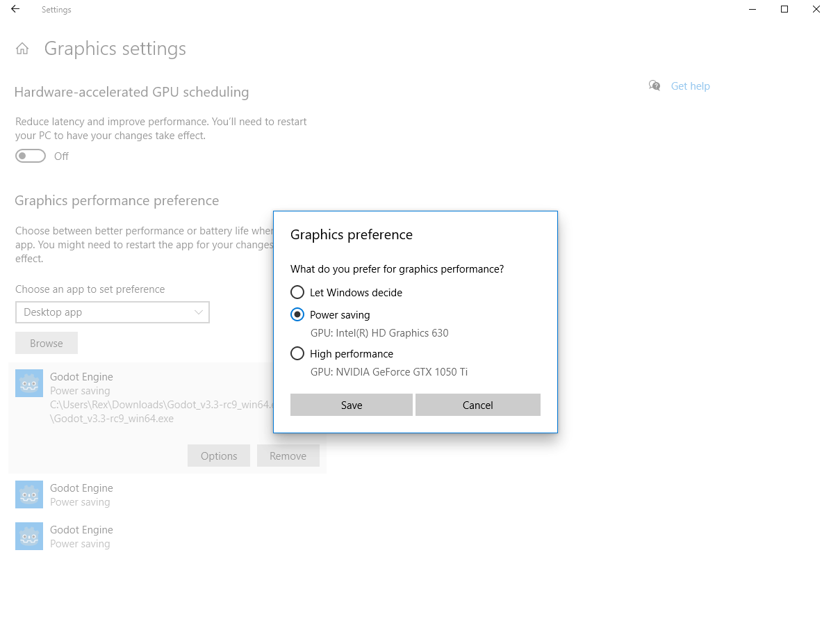 Godot does not use the preferred GPU selected in Windows 10 Graphics