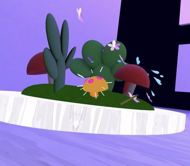 Image description: Round garden with cacti and mushrooms.