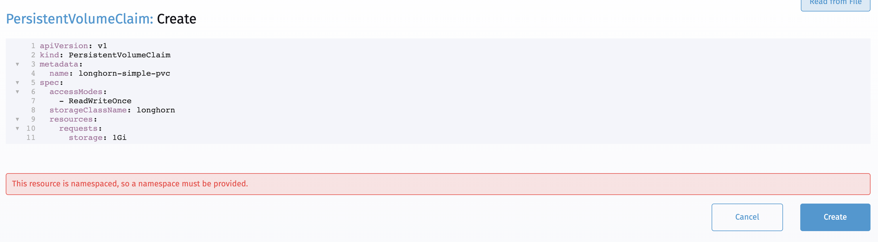Unable to create PVC using class from dashboard in yaml view · Issue
