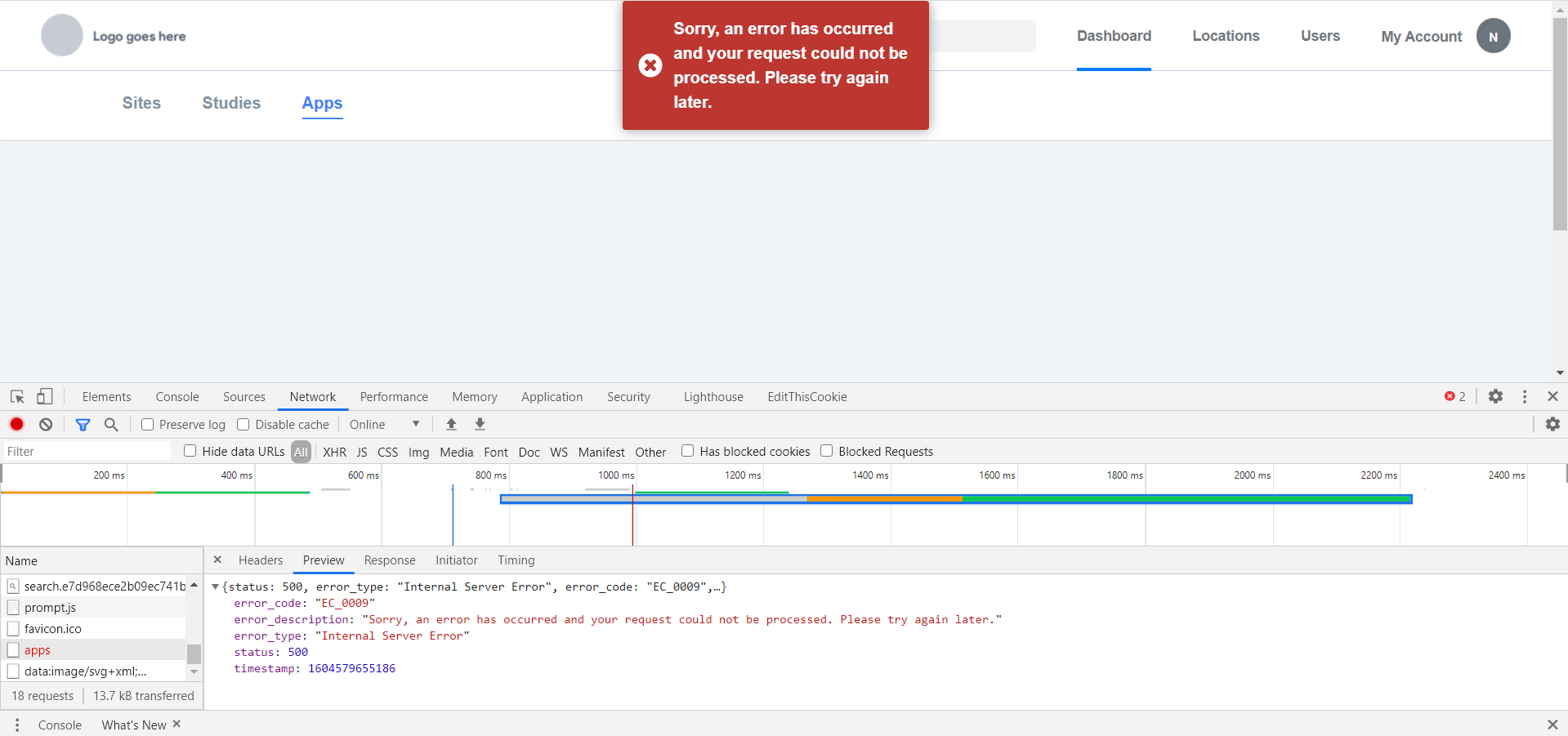 [PM] Apps > 500 error message in apps tab when a closed study with new ...