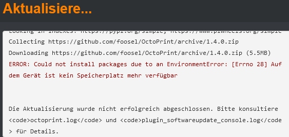 Update on Octoprint 1.4.0 failed due to out of memory... · Issue #3472 ...