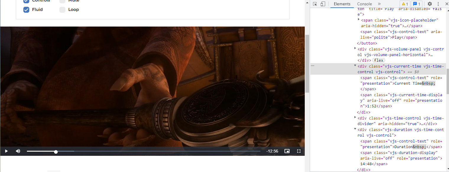 Video JS Advanced Example not showing currenttimedisplay or duration