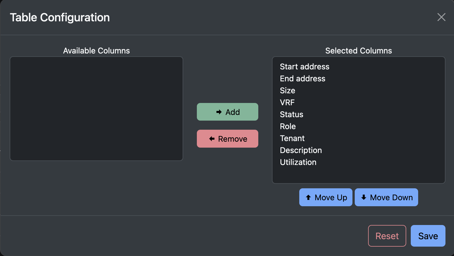 No tags in column selection