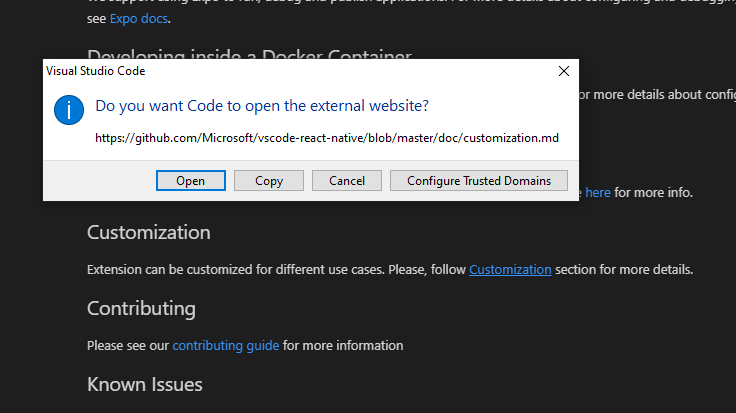 security prompt in VS Code when clicking an external link