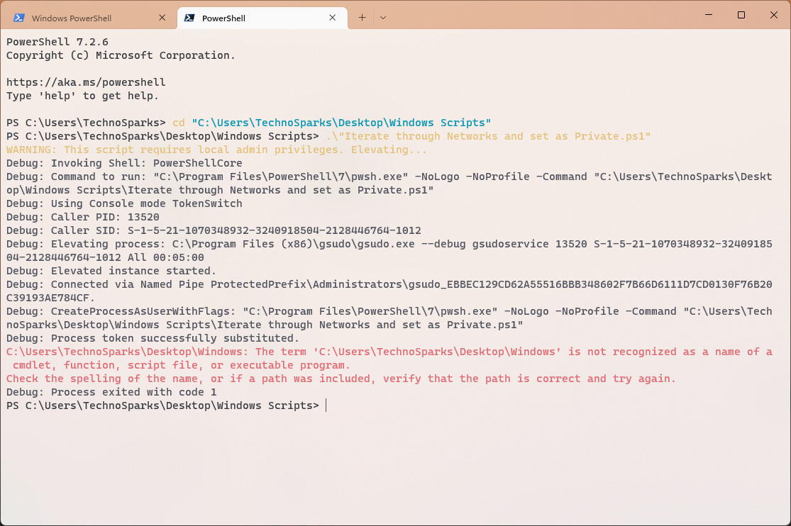 Issue script self elevation fails if the script location contains