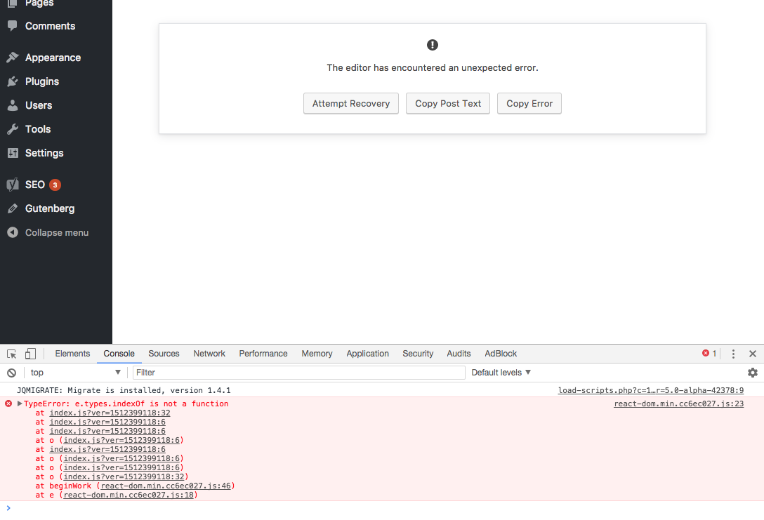 Gutenberg breaks on the 5.0 alpha · Issue #3865 · WordPress/gutenberg ...