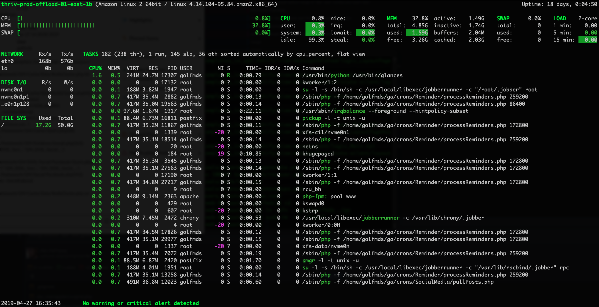 php cli scripts go into sleep state after about three minutes and don't