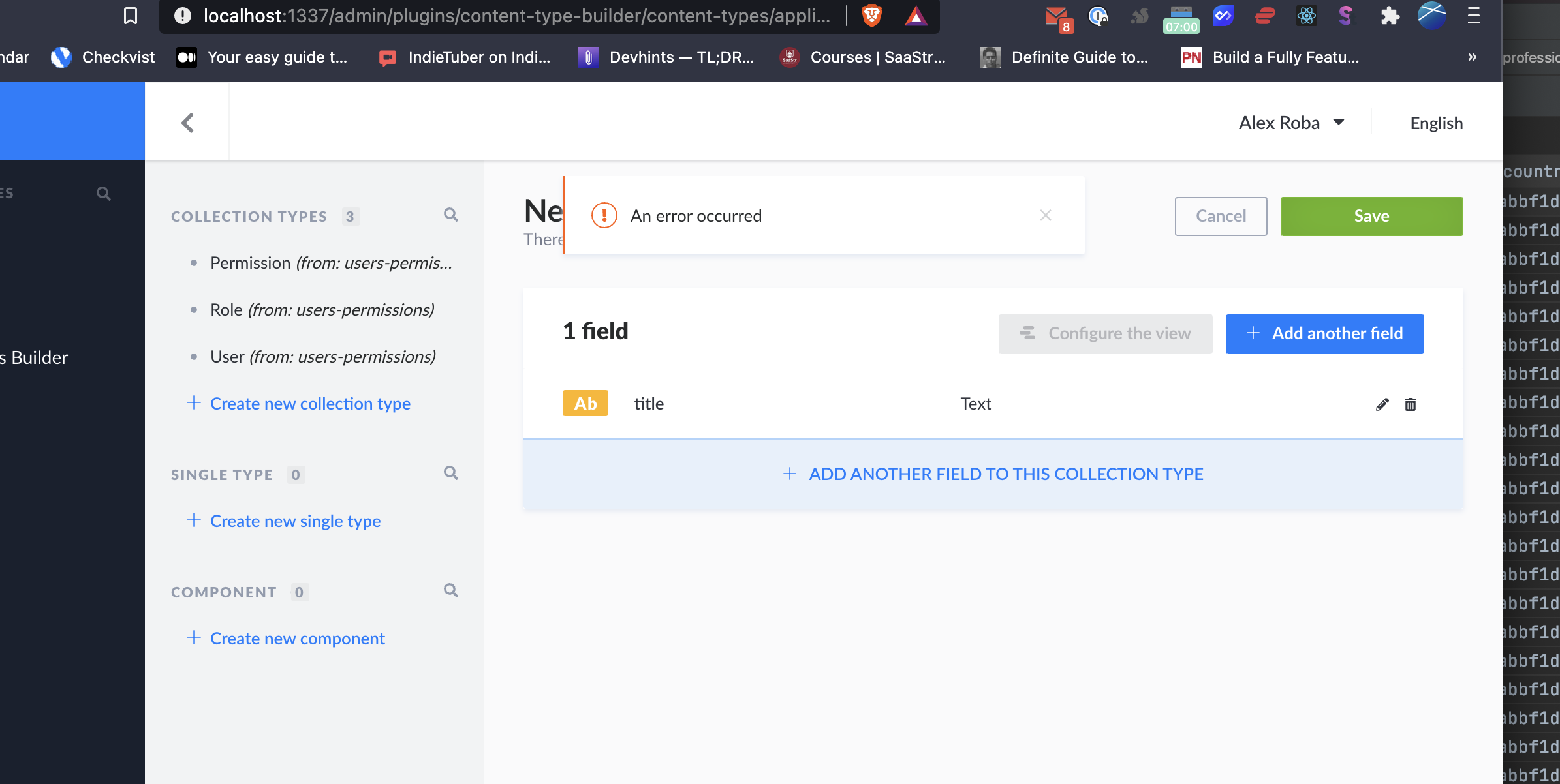 Fresh blank docker install -> Create first collection type -> Error on ...