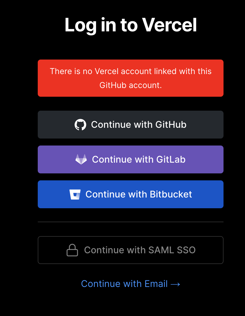 There is no Vercel account linked with this GitHub account. · vercel ...
