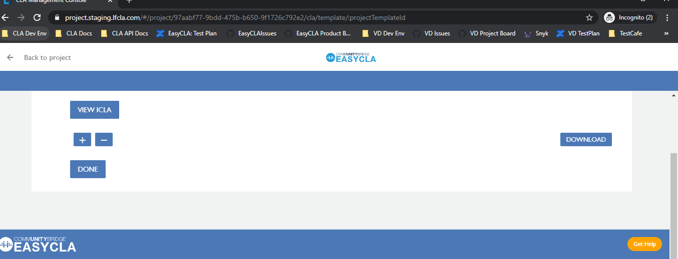 Project Console View ICLA button is not selected by default and when