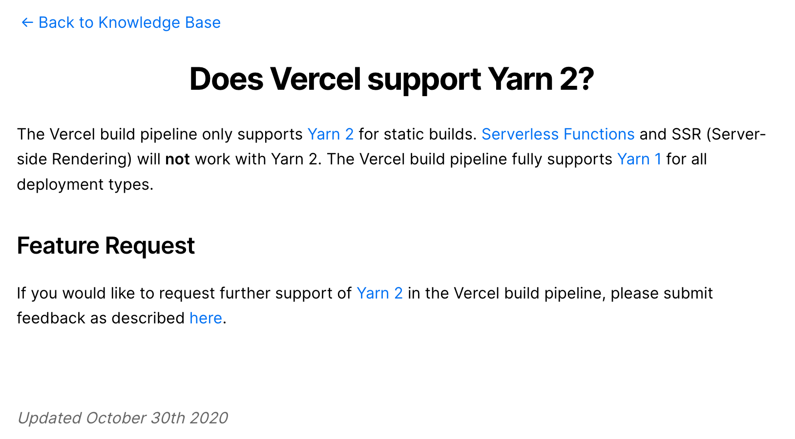 Vercel kowledge base screenshot (yarn 2 page)