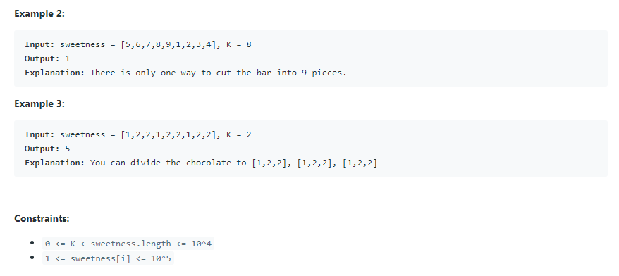 1231. Divide Chocolate · Issue #217 · spiralgo/algorithms · GitHub