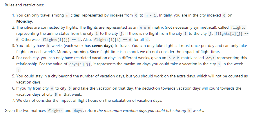 568. Maximum Vacation Days · Issue #233 · spiralgo/algorithms · GitHub