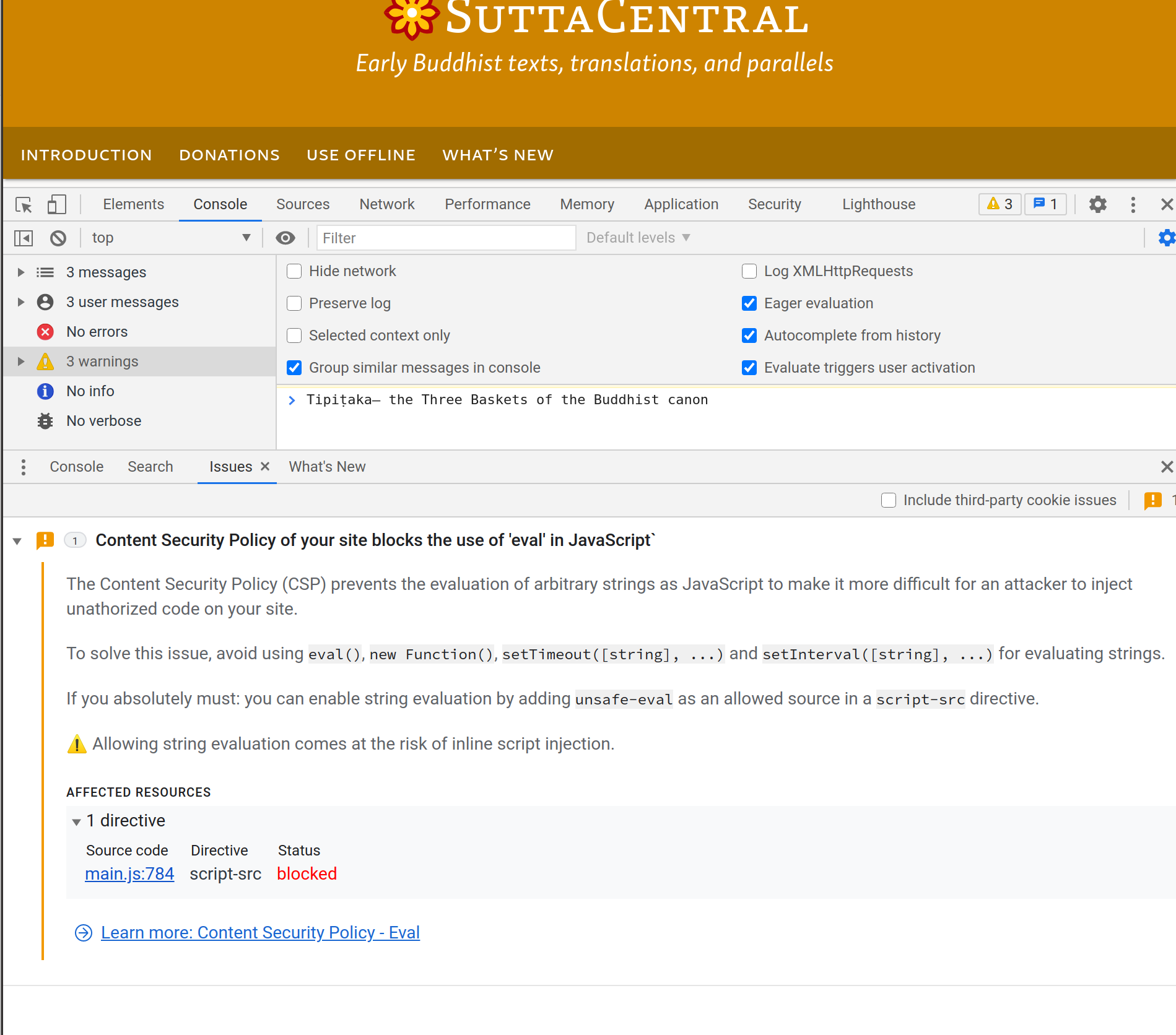 Warning: Content Security Policy of your site blocks the use of 'eval ...