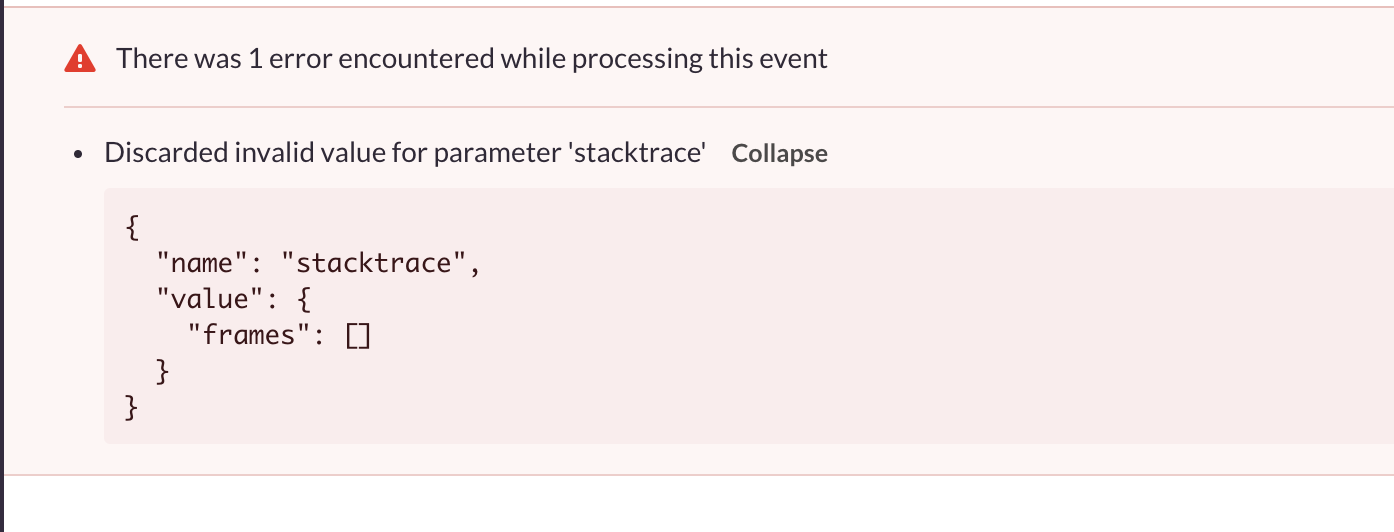 How to ingore Discarded invalid value for parameter 'stacktrace ...
