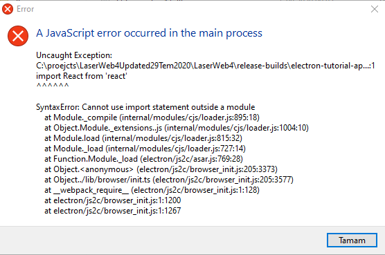 Electron-Packager: syntax error: cannot use import statement outside a ...
