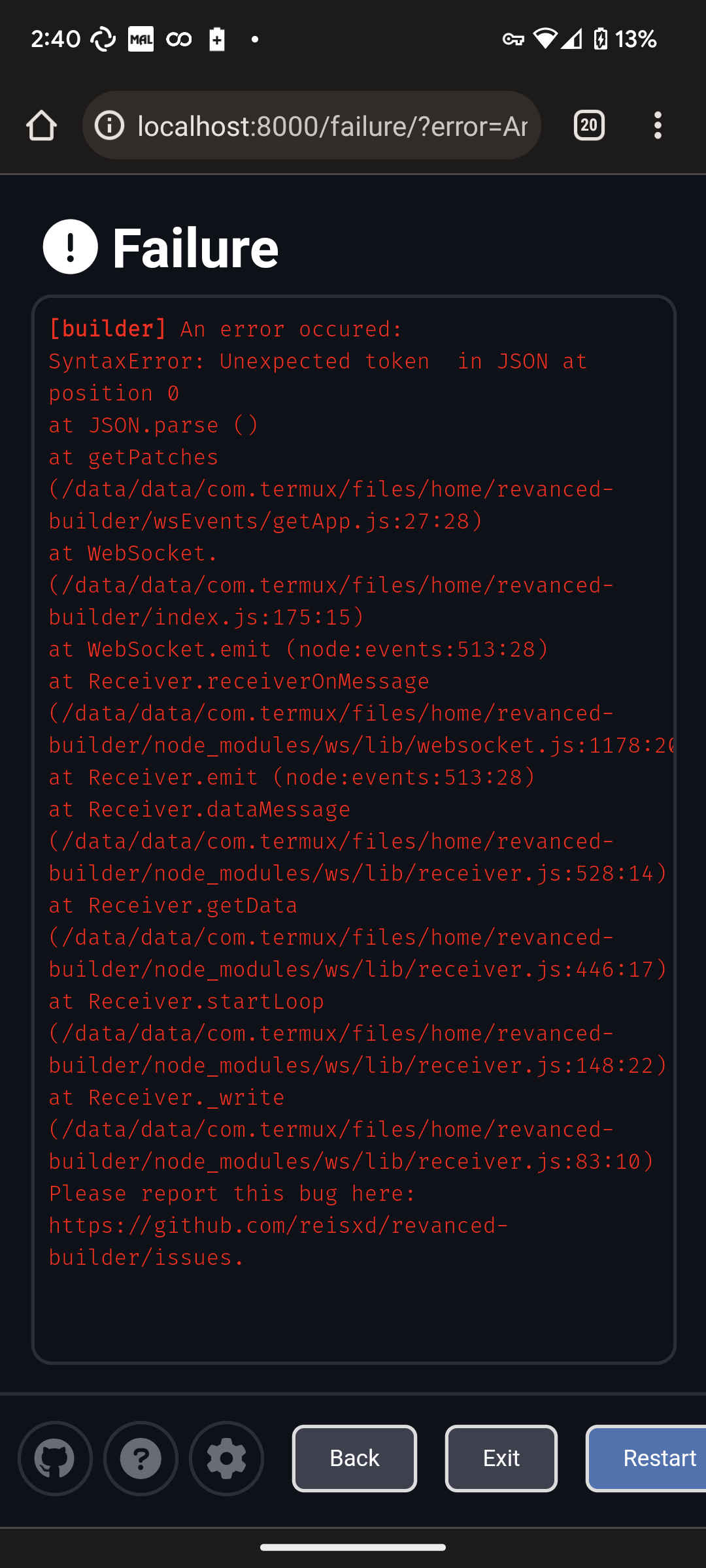 JSON Error with termux · Issue 654 · reisxd/revancedbuilder · GitHub