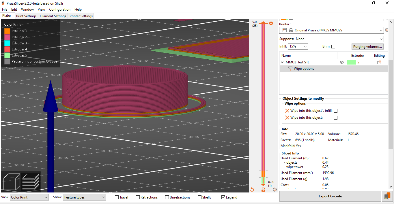 2 color print with MMU2 using PrusaSlicer 2.2.0beta wipe into object