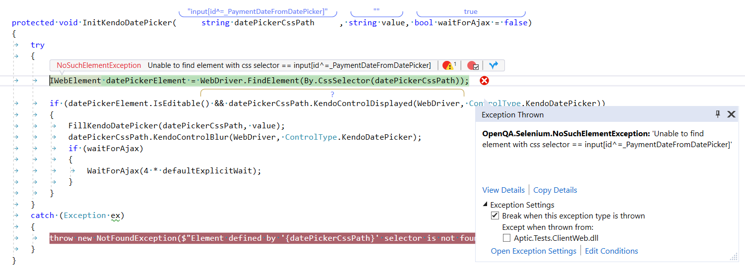 FindElement / Until exception is not caught by catch block · Issue