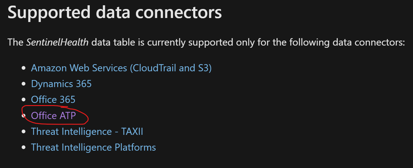 Change wording for supported data connectors for SentinelHealth table · Issue 101573