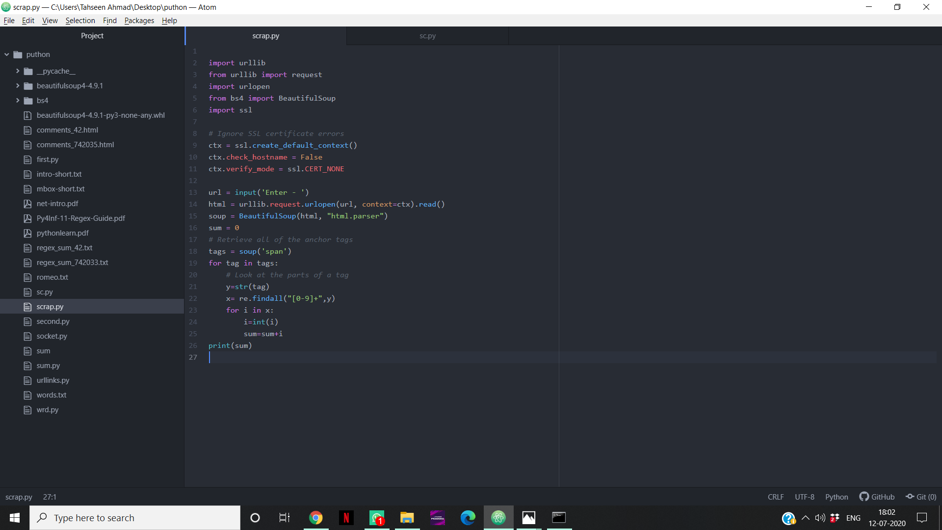 Scraping Numbers from HTML using BeautifulSoup. The program will use ...