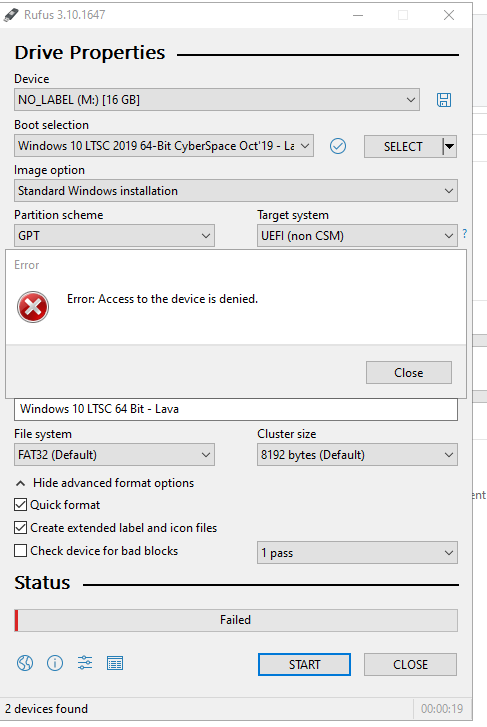 rufus error while partitioning drive