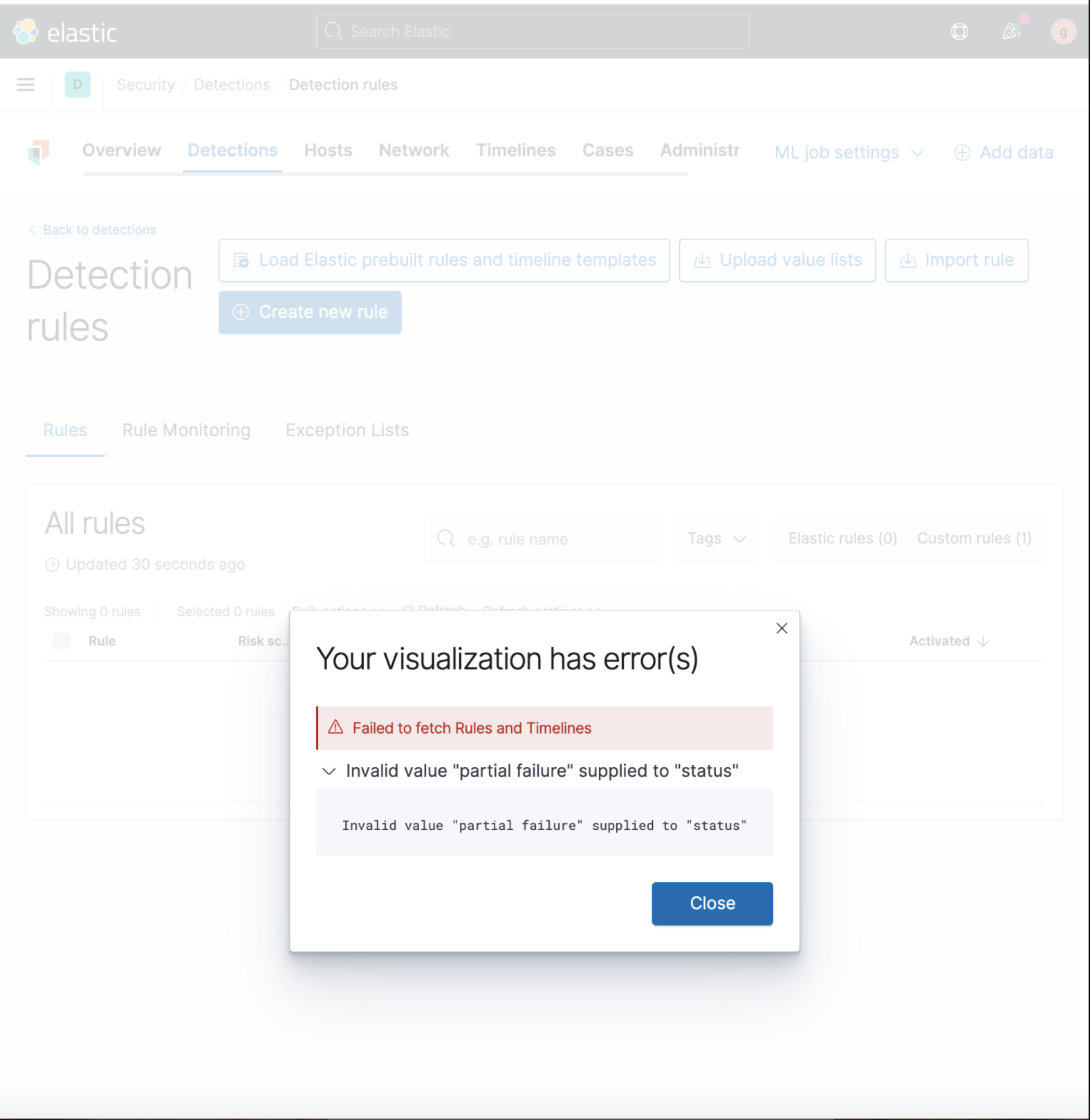 [Security Solution] Error displayed in rule management page after ...