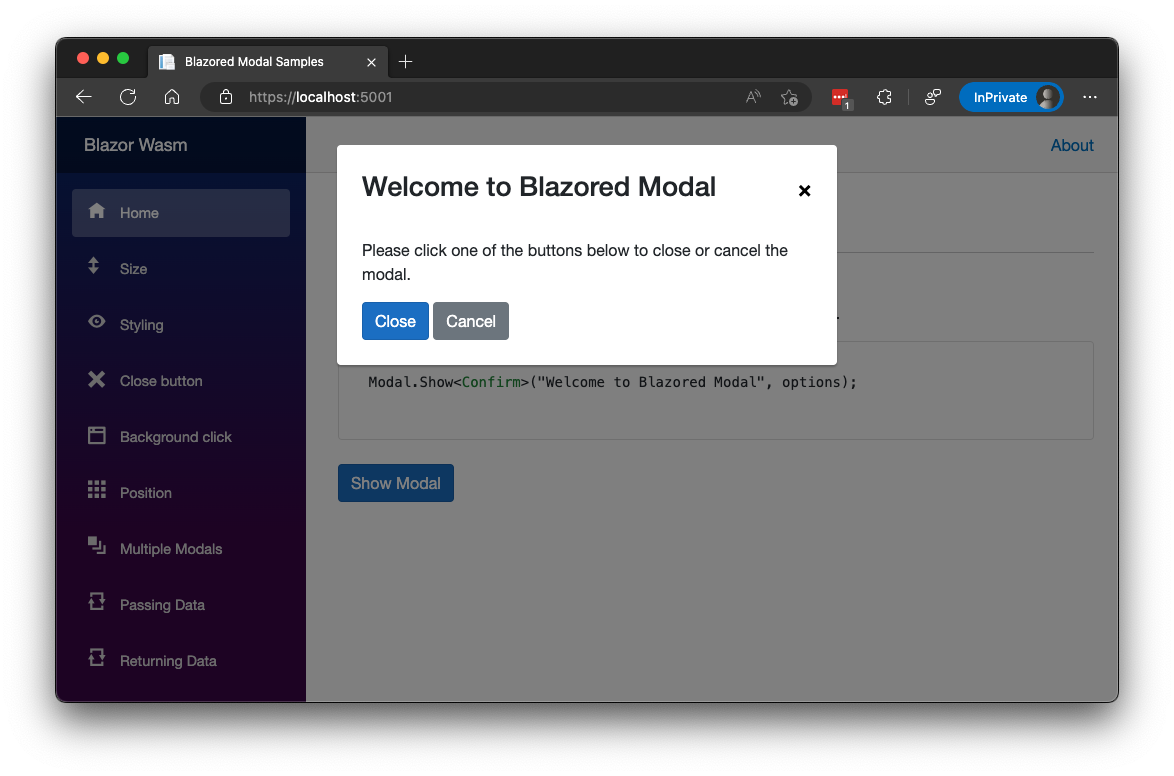 Screenshot of Blazored Modal