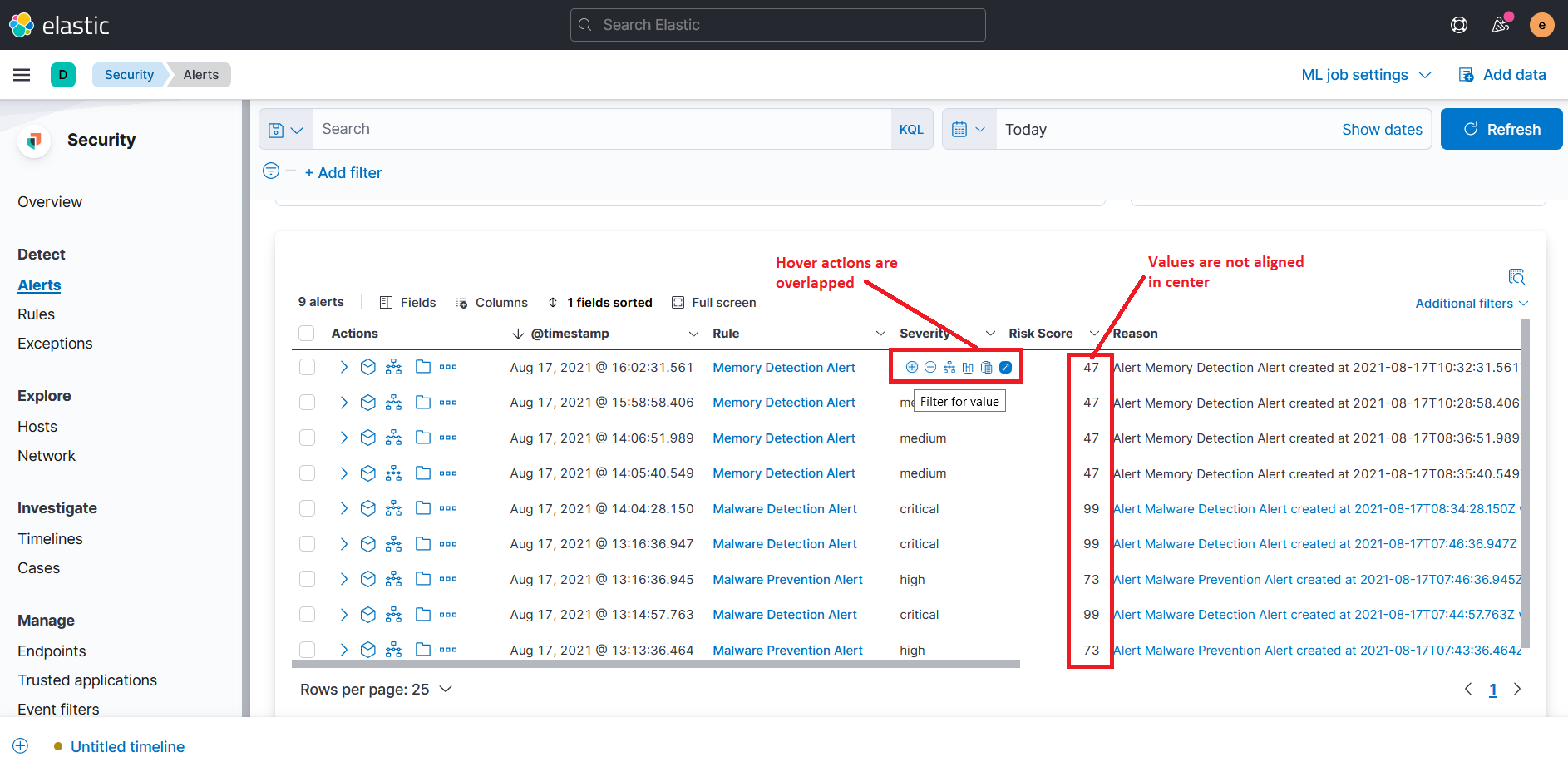 [Security Solution] Column values are not aligned properly and hover ...