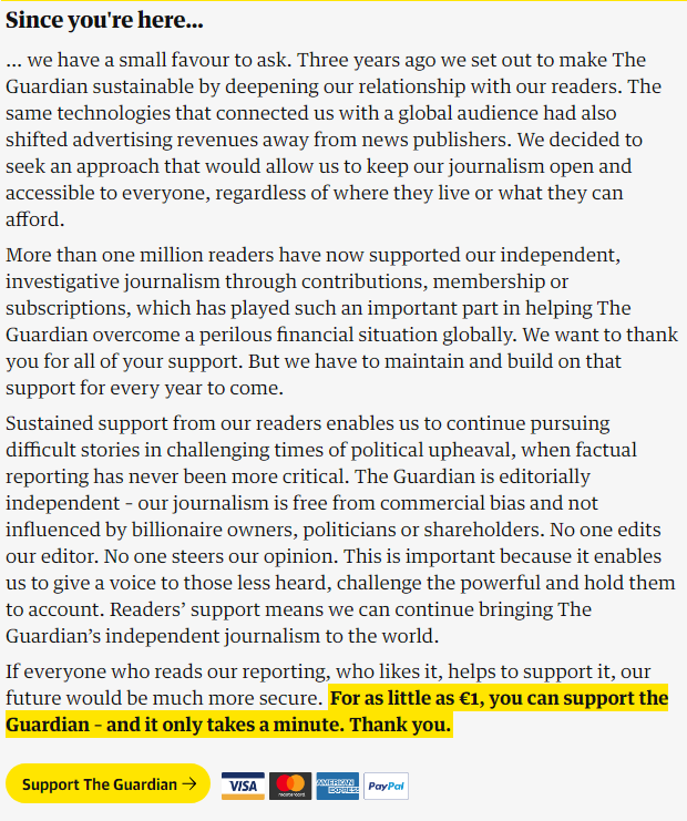 Screenshot of the "Since you're here…" appeal for support