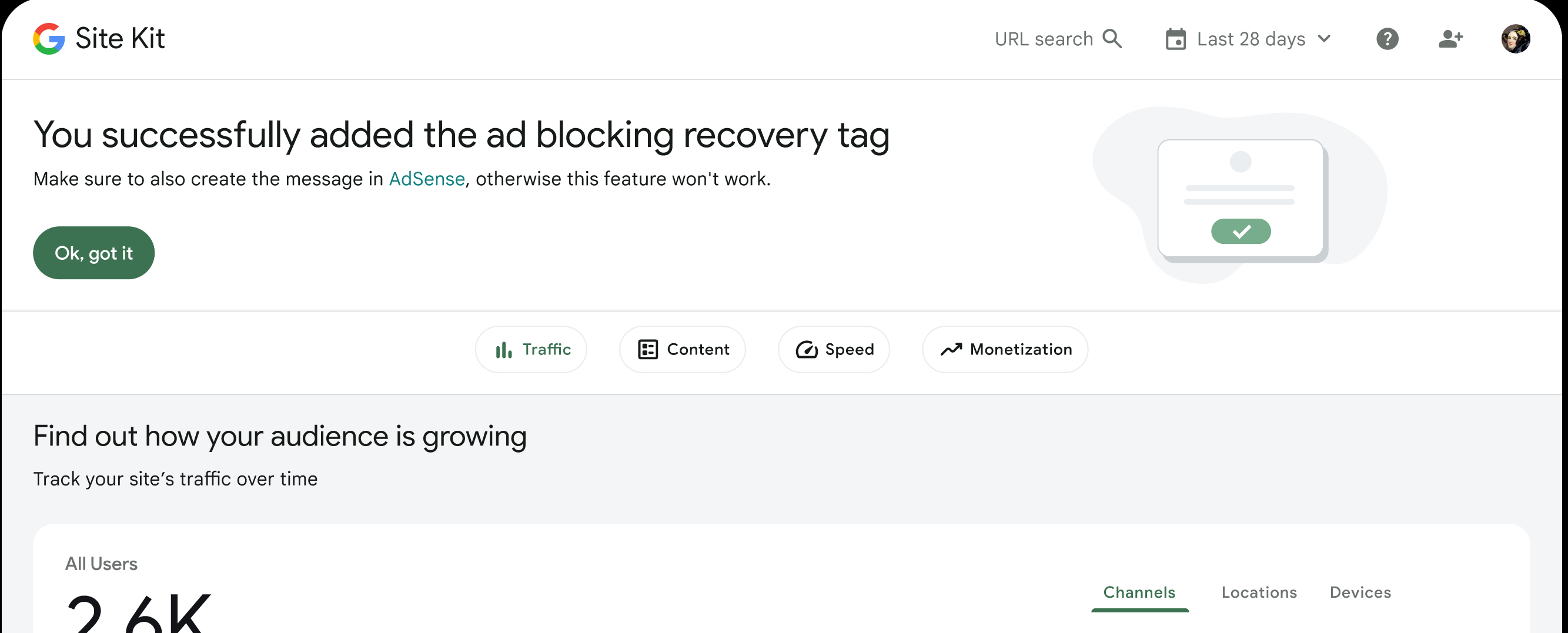 Display success notification in main dashboard after Ad Blocking ...