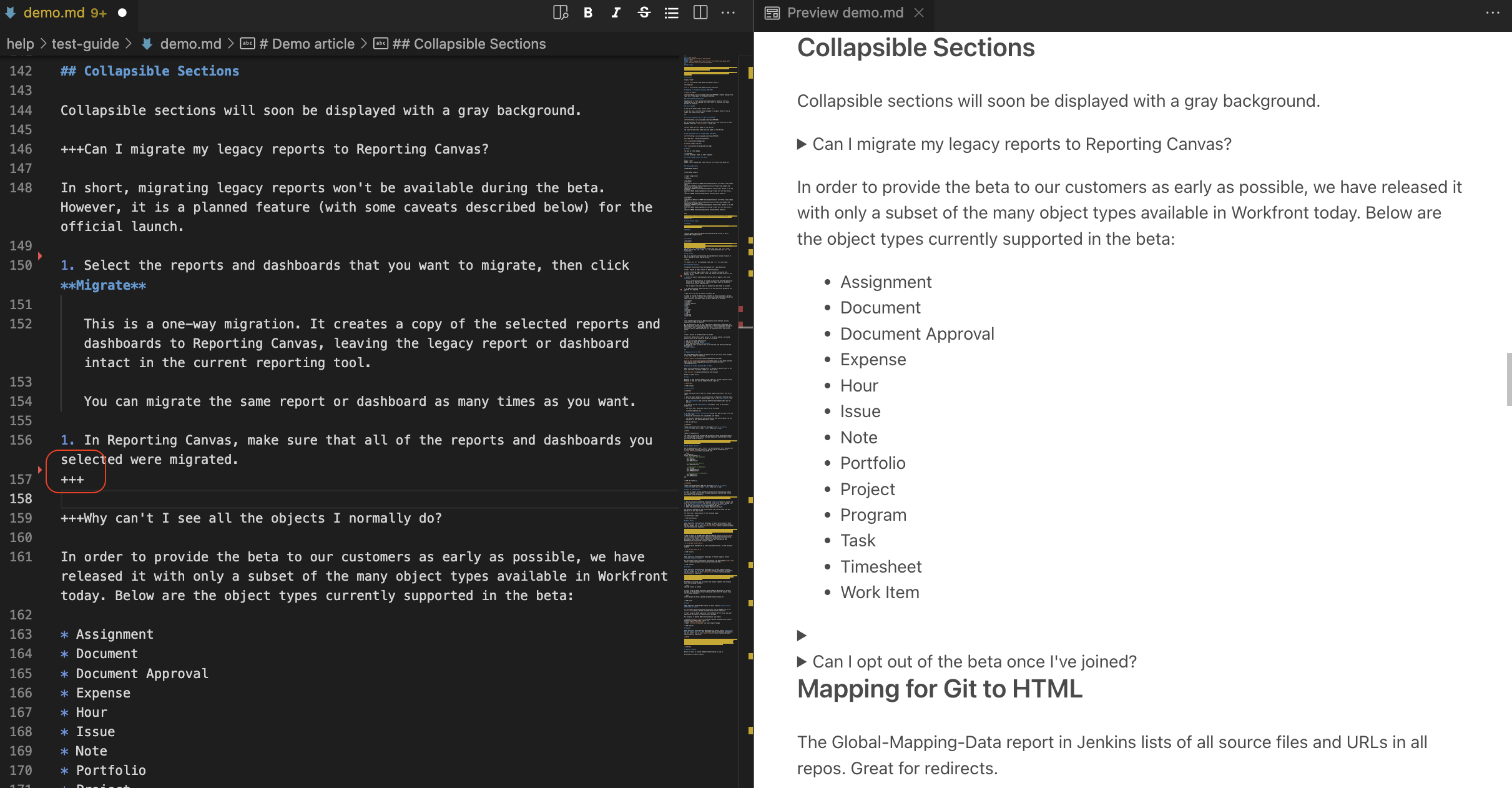 Preview for collapsible sections works only if there are extra line