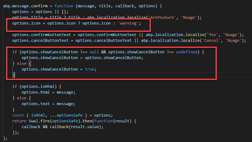 The abp.message related method should be added to the options parameter ...