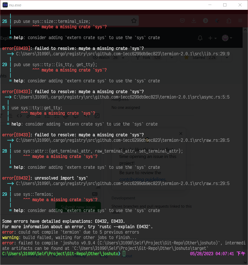 cargo install error failed to resolve maybe a missing crate 'sys