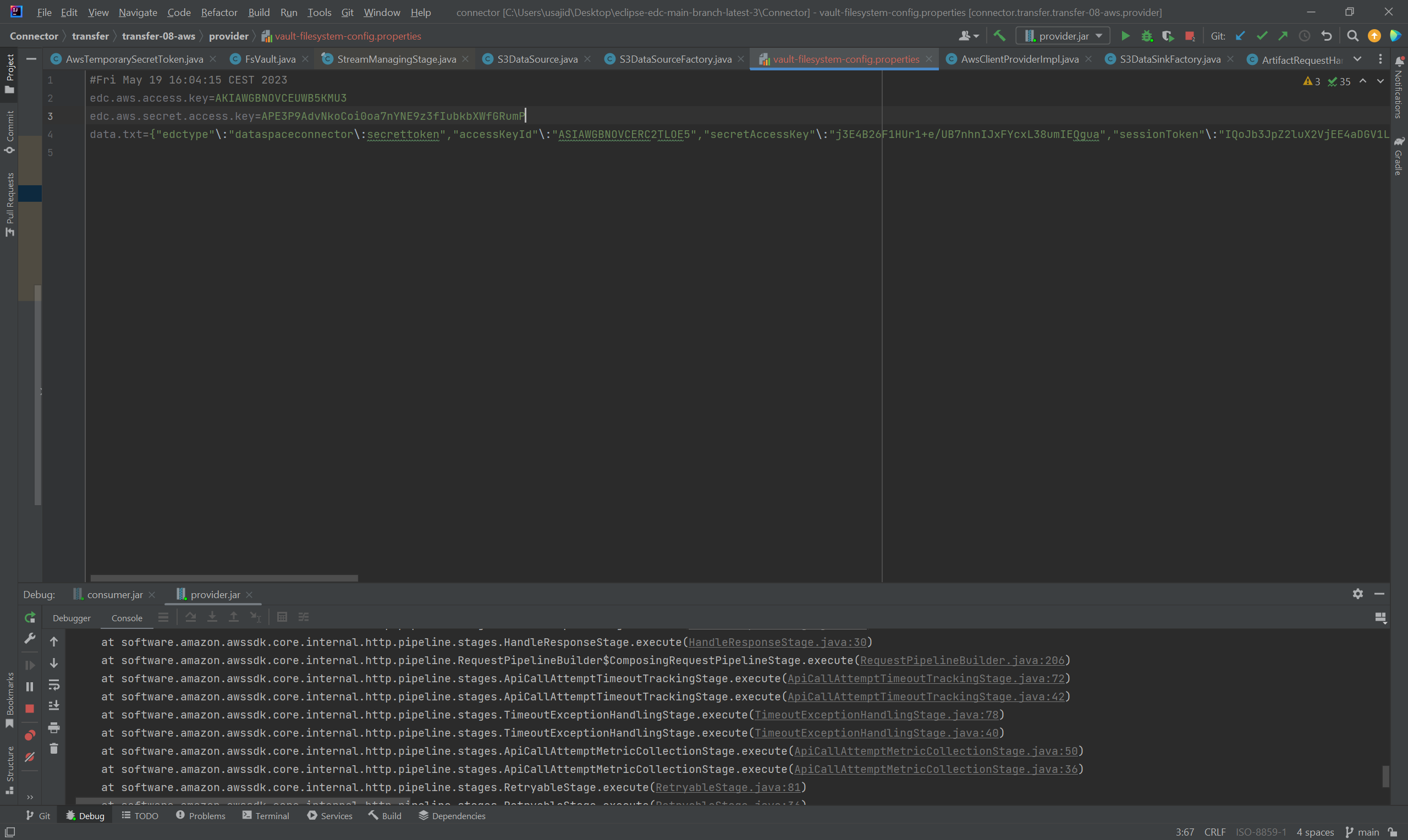 Getting Exception while runnning main branch code when dataplaneaws