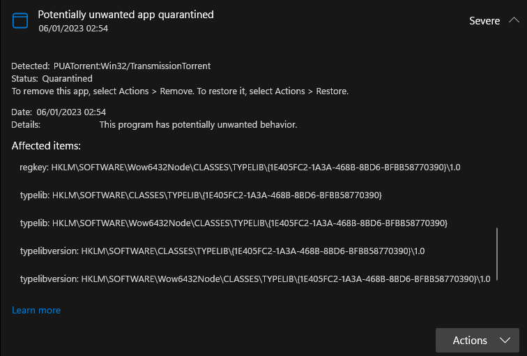 Windows security keeps flagging transmission as pua issue 4548