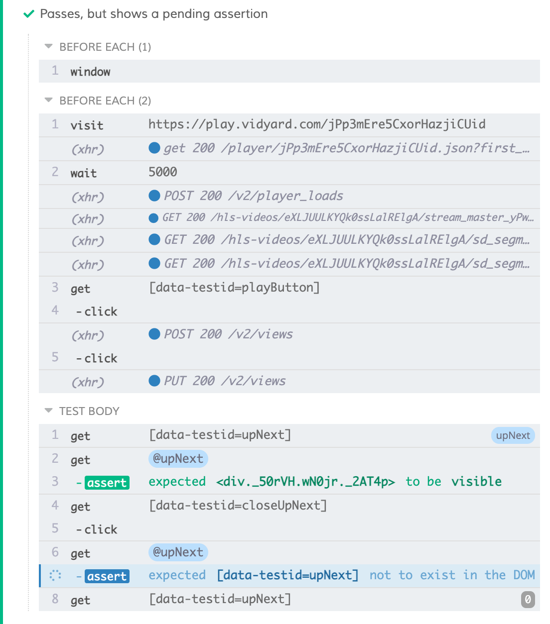 Assertions are still shown as pending (in blue with with a spinner) in ...