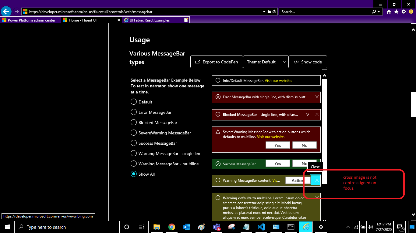 Close button of Messagebar notification is not centrally aligned on ...