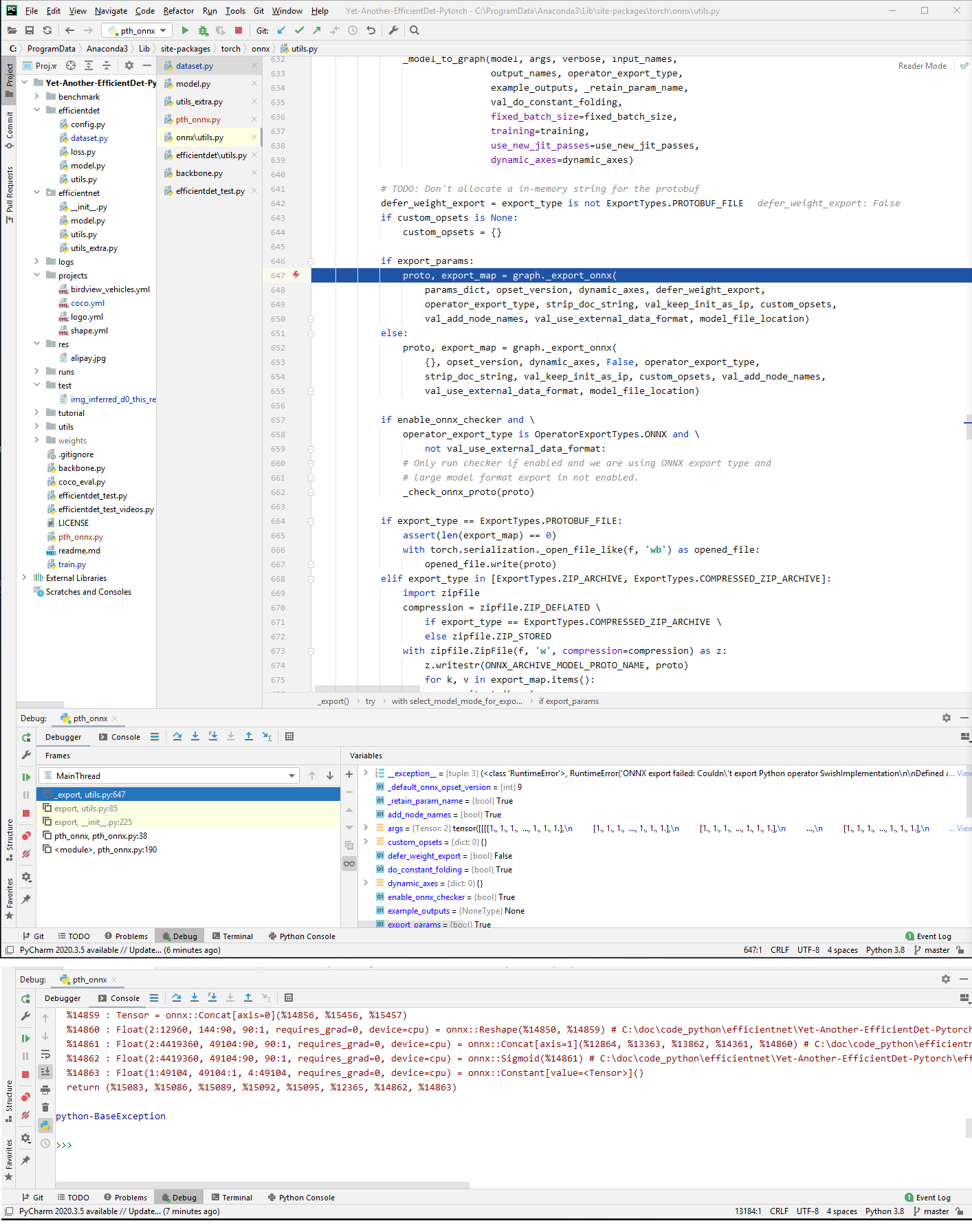 ONNX export failed: Couldn't export Python operator SwishImplementation ...