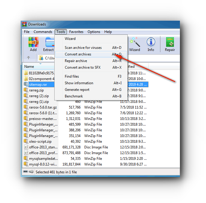 Convert RAR to ZIP file in Winrar
