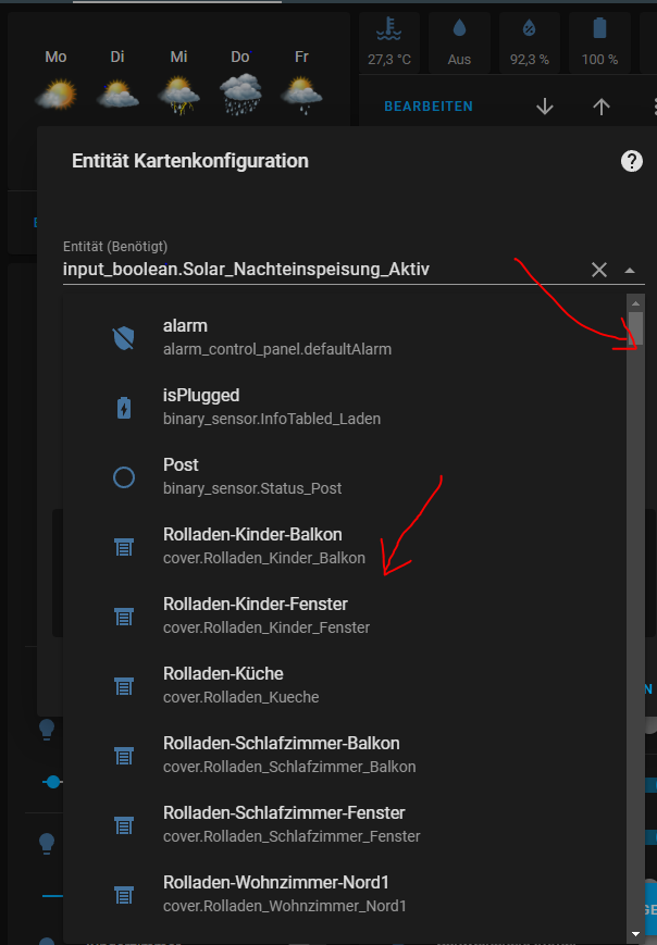 Kartenkonfiguration Entität im Dropdown nicht auswählbar / Liste