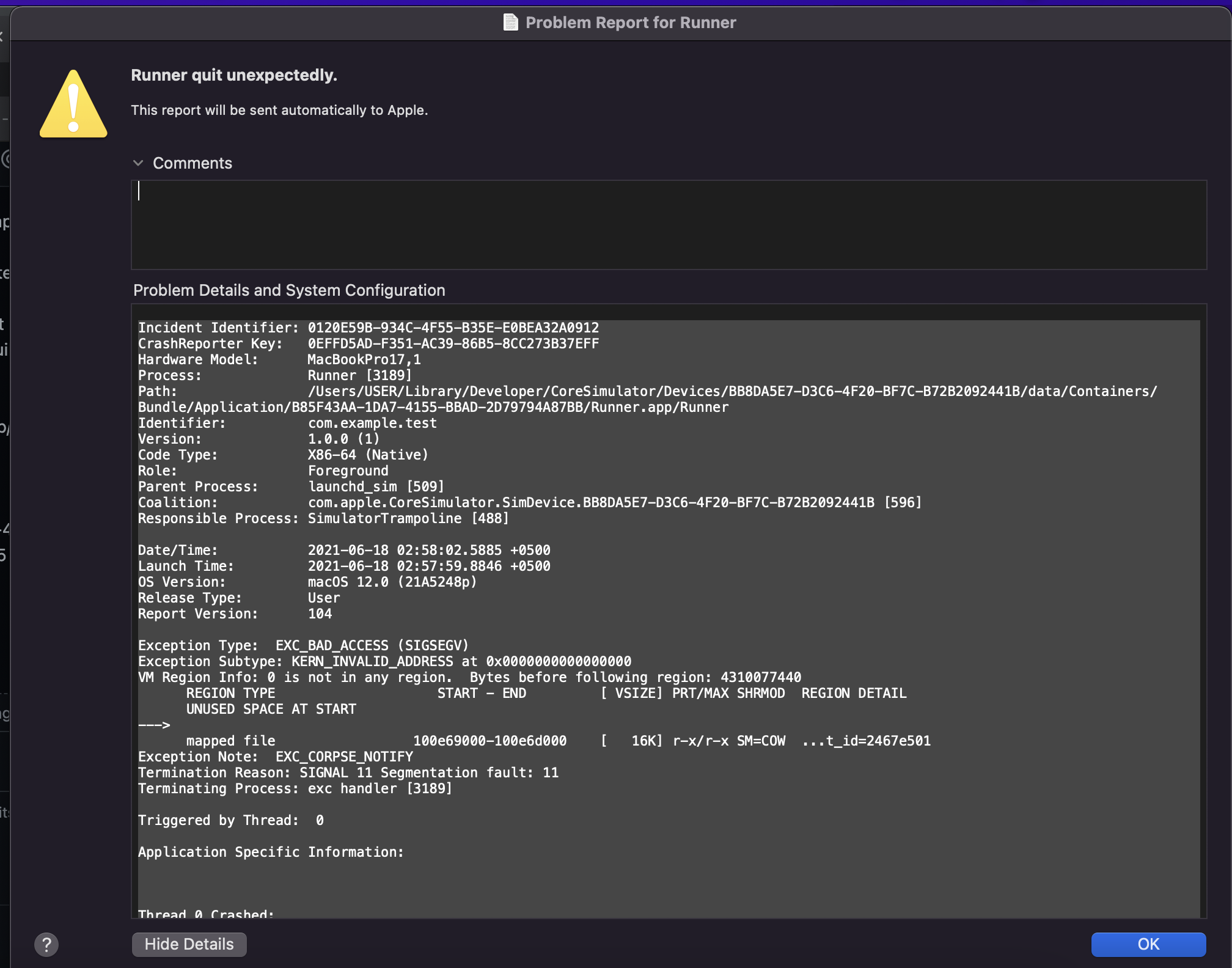 "Runner quits expectedly" error when xcode build is done on all apps