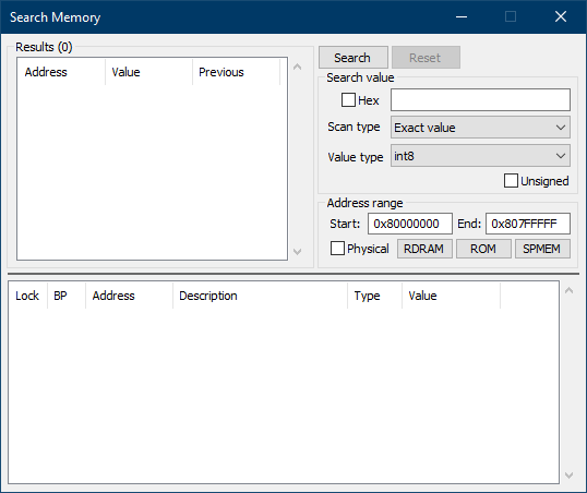 image of Project64's Memory Search dialog