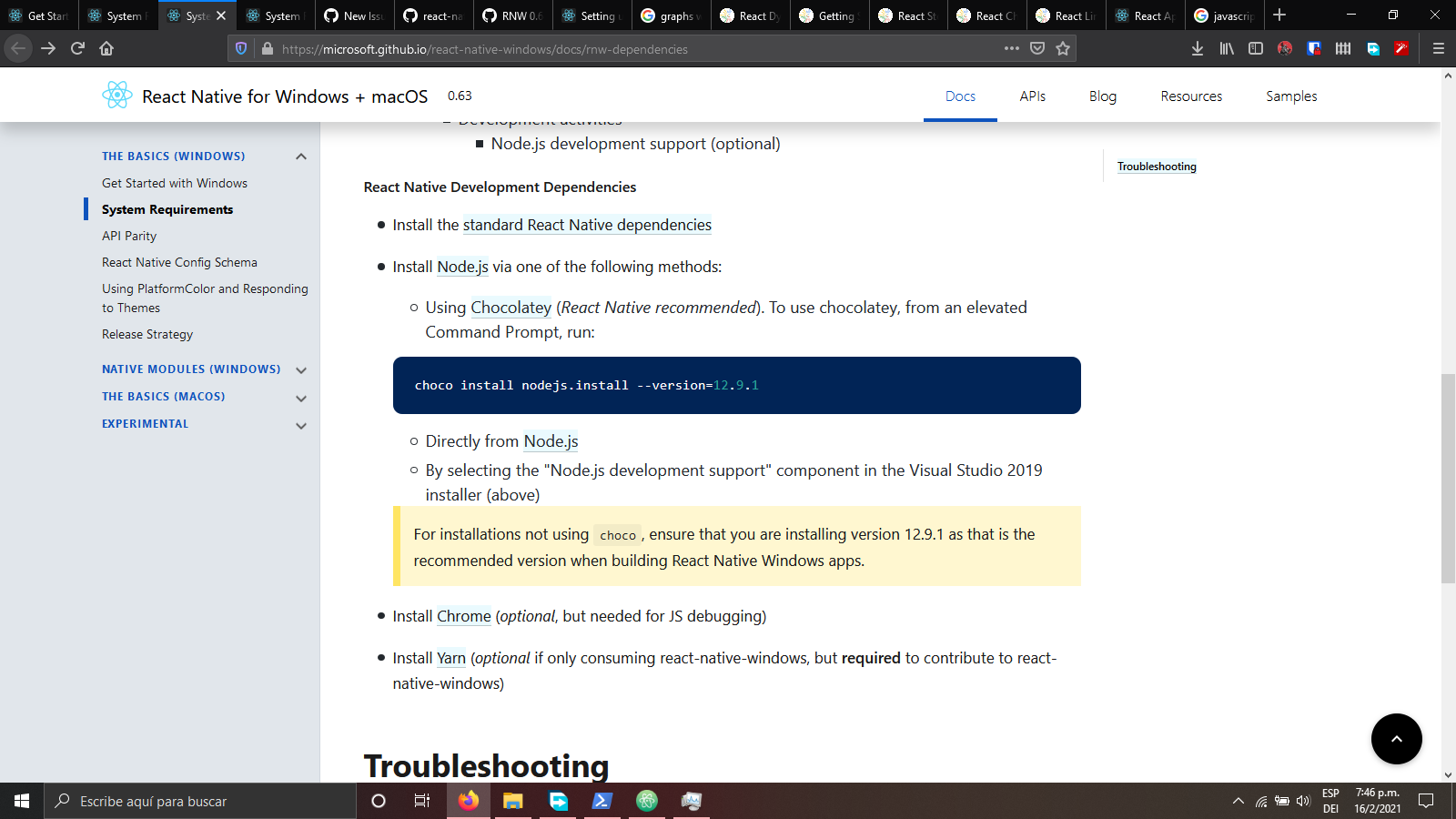 System requirements Page. v 0.63 shows a nodejs version that is not ...