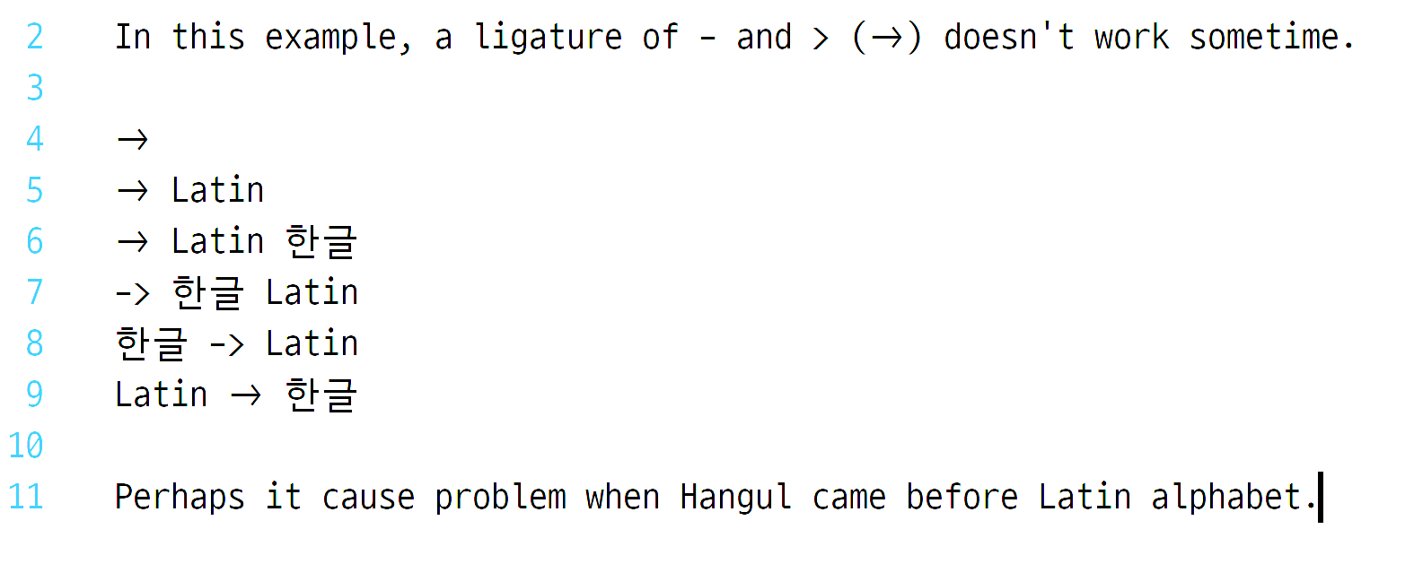 Font ligatures doesn't work well with Hangul · Issue 89271 · microsoft/vscode · GitHub