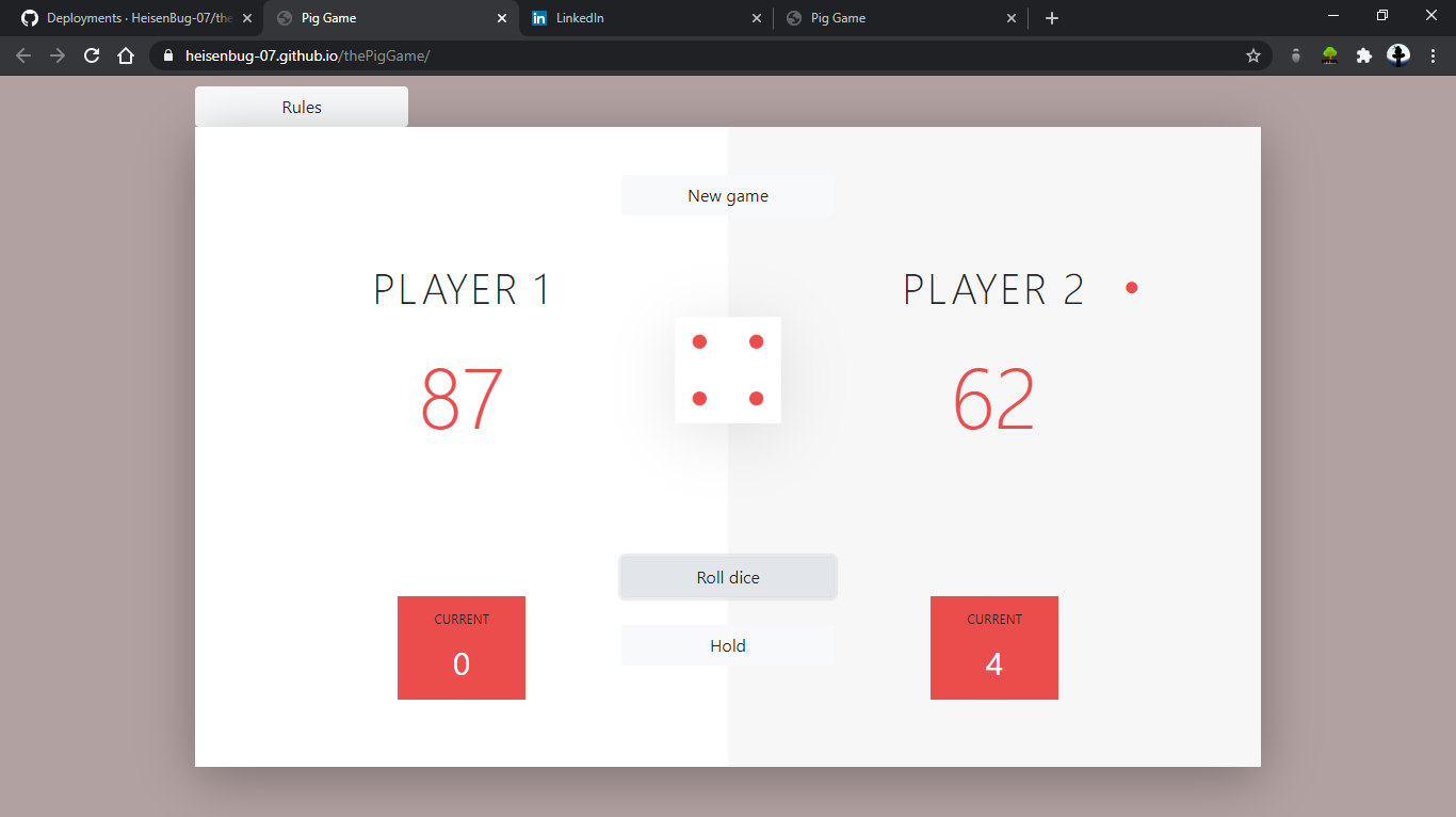 GitHub - HeisenBug-07/thePigGame: JAVASCRIPT two players dice game.