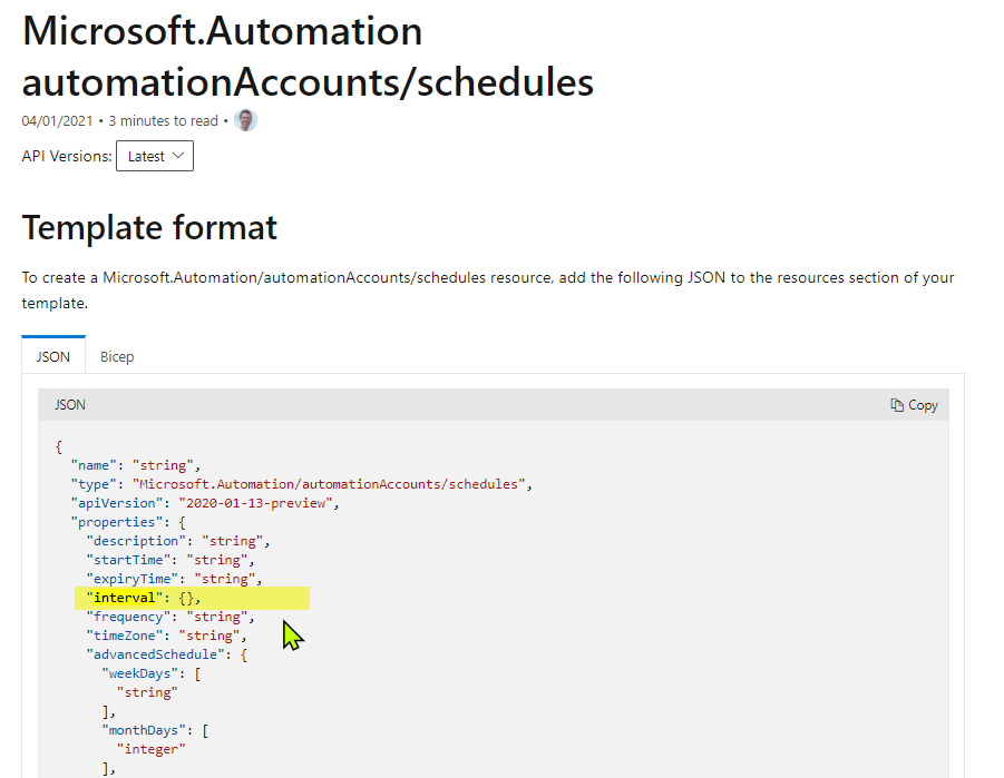 Microsoft.Automation automationAccounts/schedules mistake in