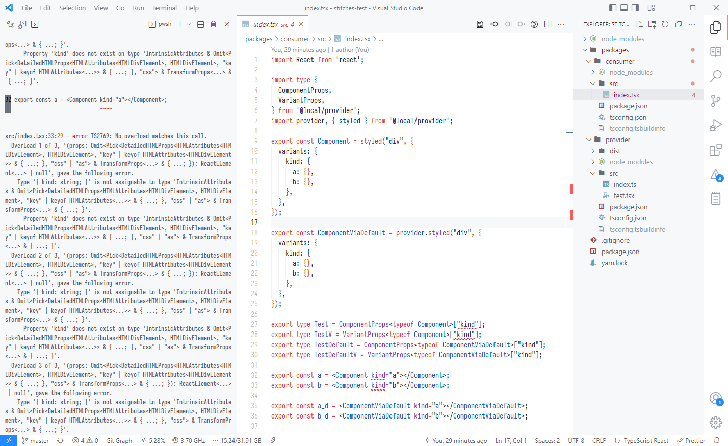 Typescript variant prop types missing with `createStitches` across ...